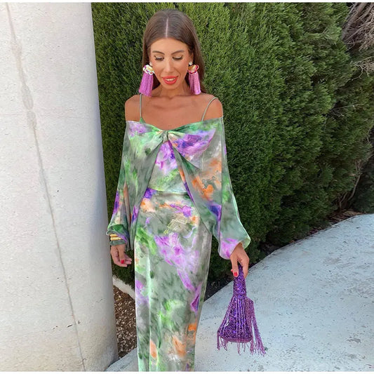 Vestido maxi Halo-dye colorido com lenço removível - Olivia