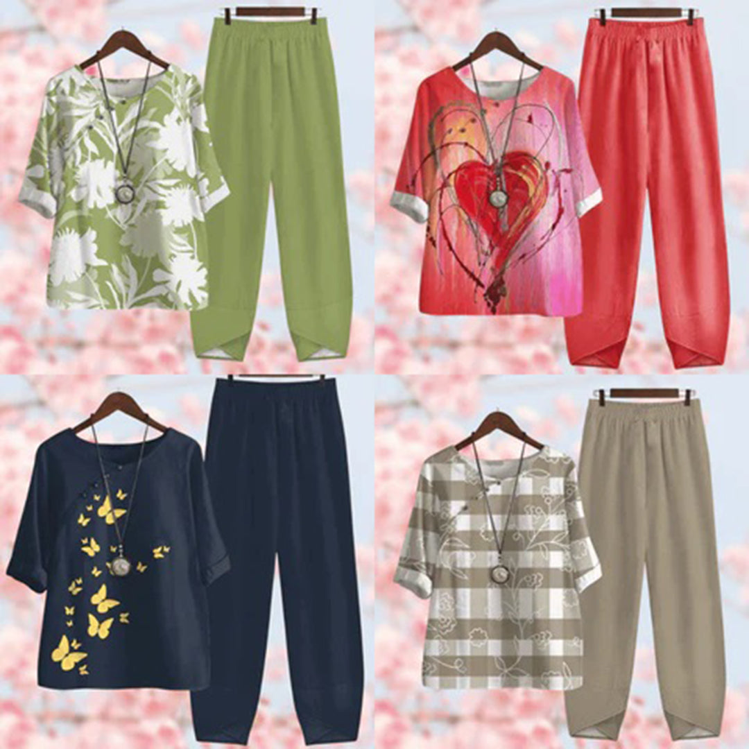 Damen Sommer Set, bunt, lässig, Blumen- und Herzmuster, bequeme Freizeitkleidung.