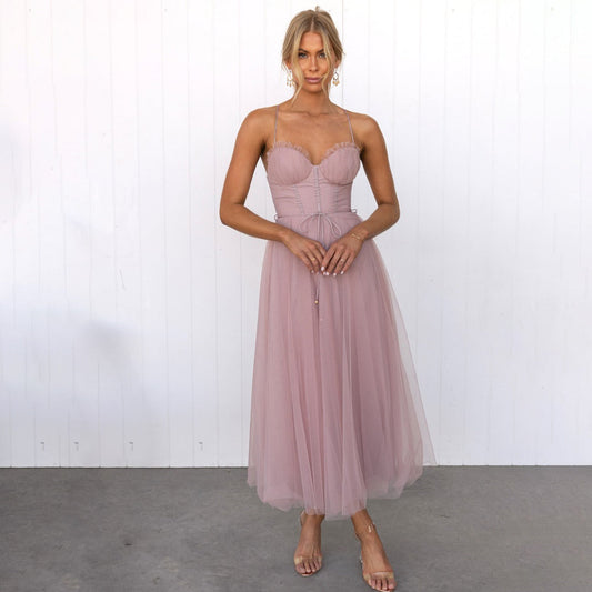 Damen Midikleid rosa Tüll, festlich, Spaghettiträger, elegantes Design, Abendmode.