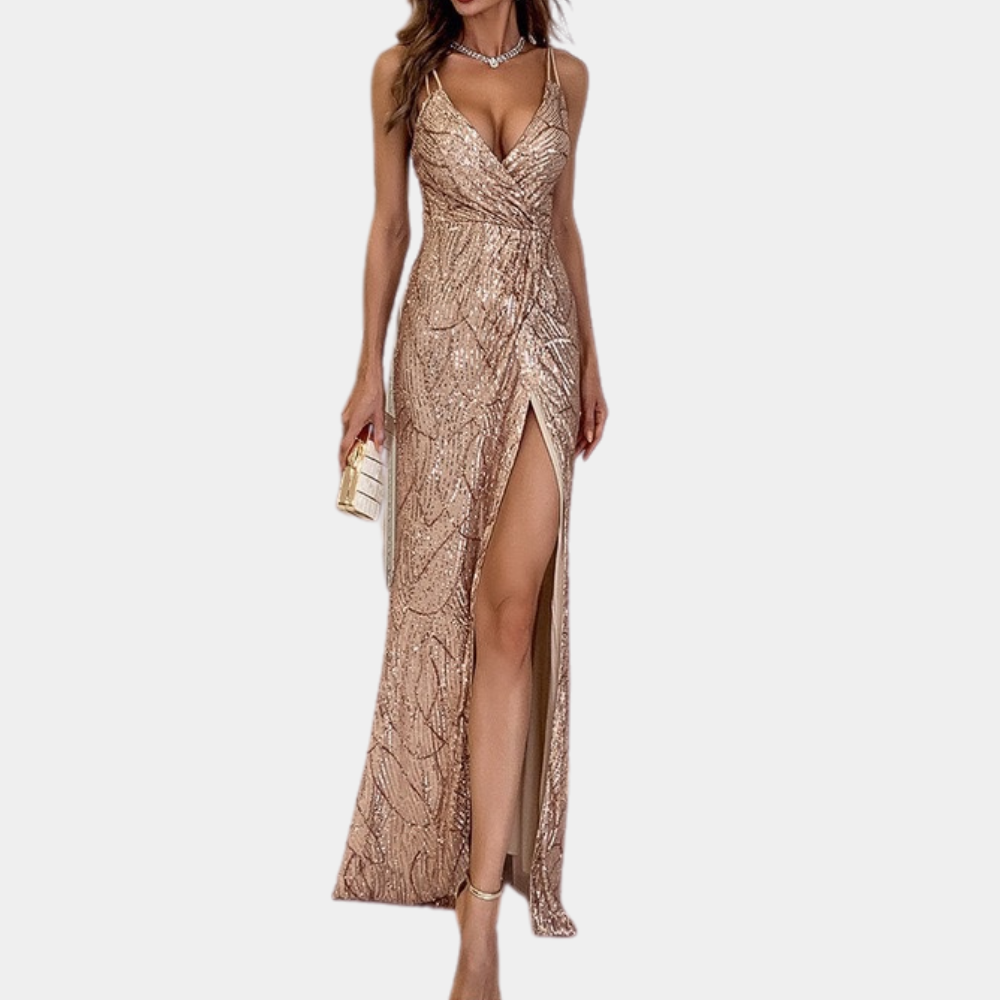 Elegantes goldfarbenes Abendkleid mit V-Ausschnitt und hohem Schlitz für Damen.