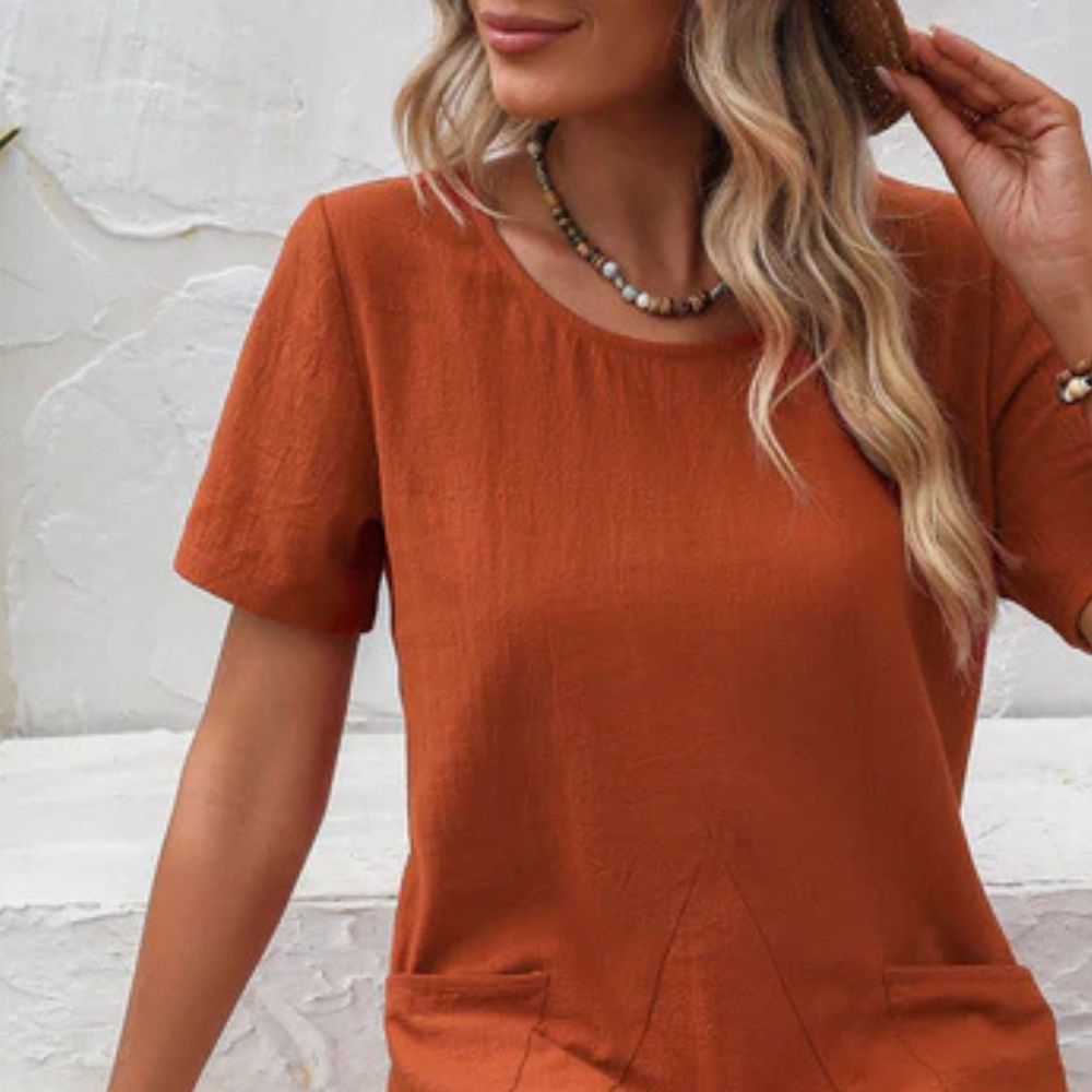 Rotes Leinenkleid Damen, kurzärmelig, lässig, Sommermode, mit Taschen, elegante Freizeitkleidung.