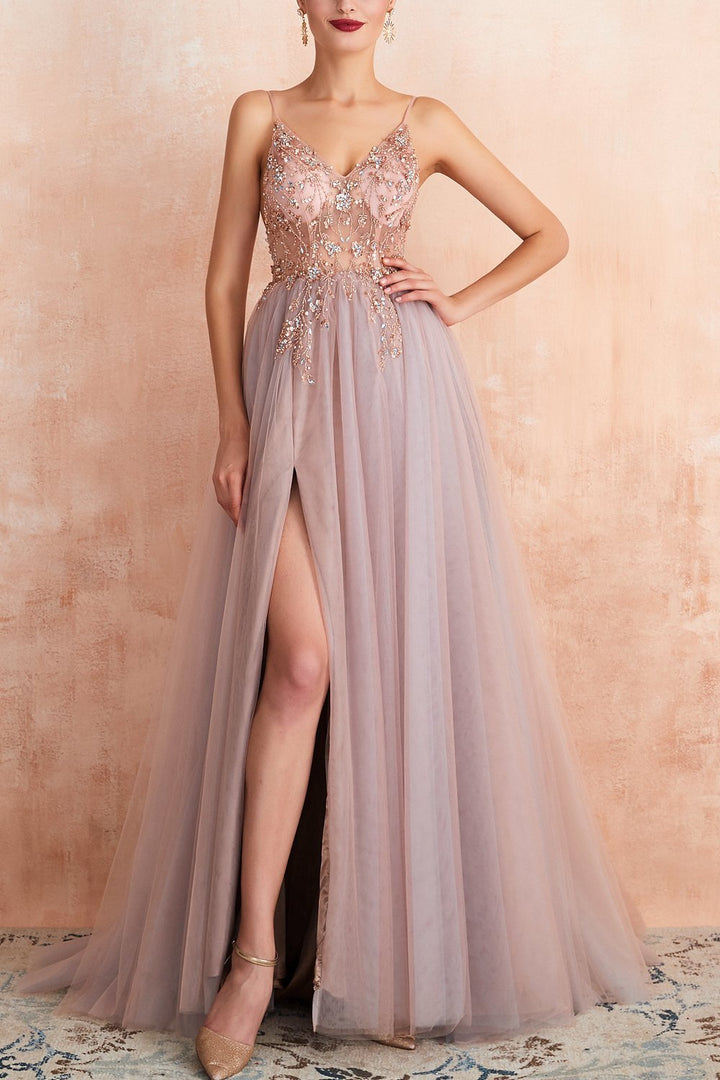 Vestido de noite de tule elegante com decote em V e fenda - Elena