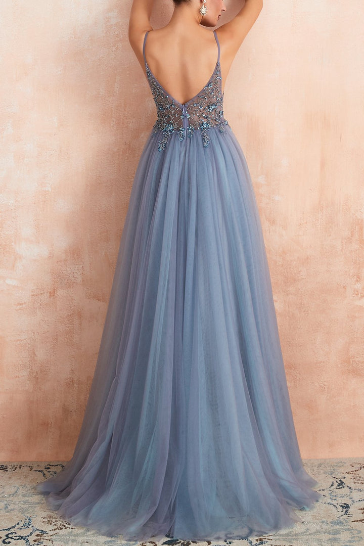 Vestido de noite de tule elegante com decote em V e fenda - Elena