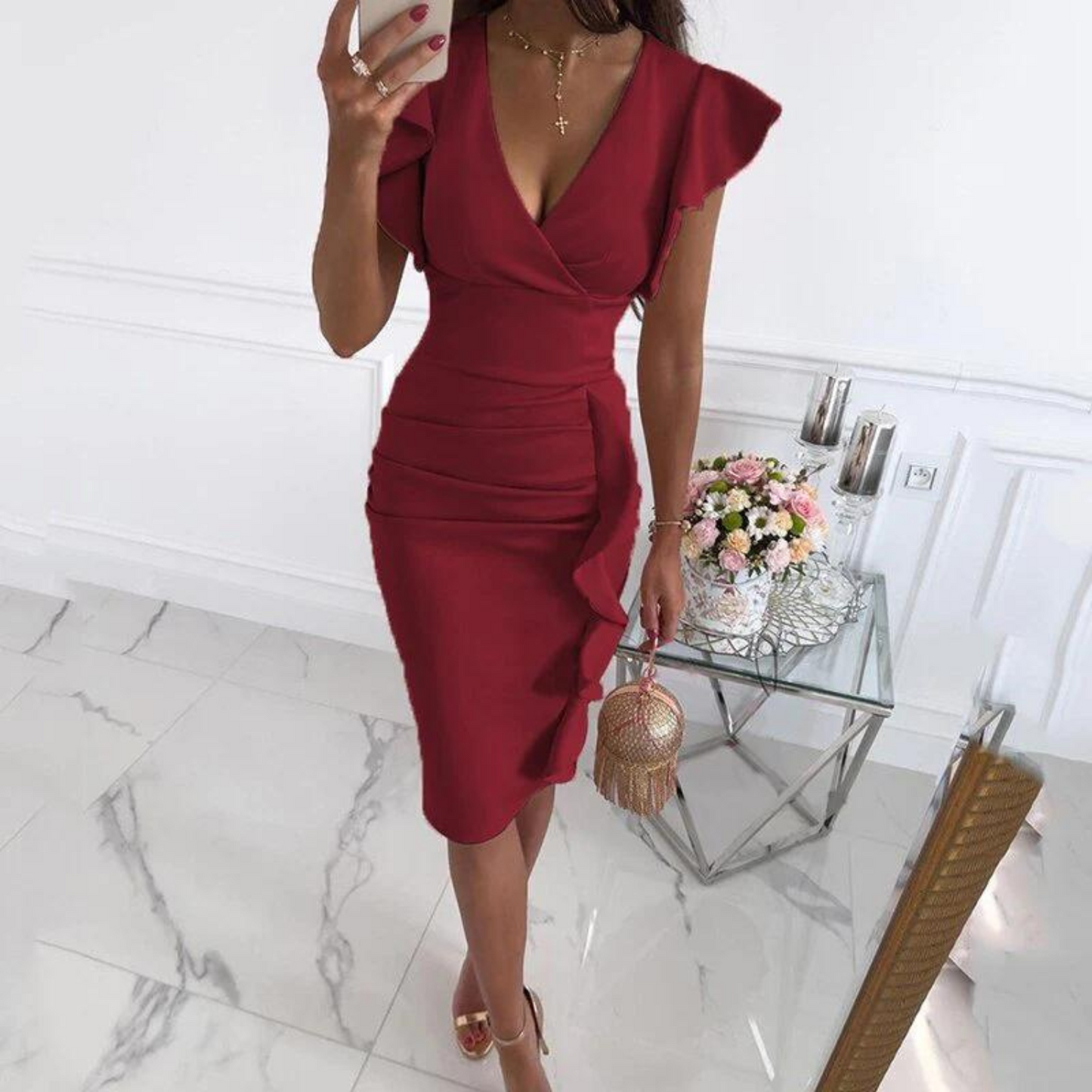 Vestido elegante com decote em V e mangas plissadas - Maud