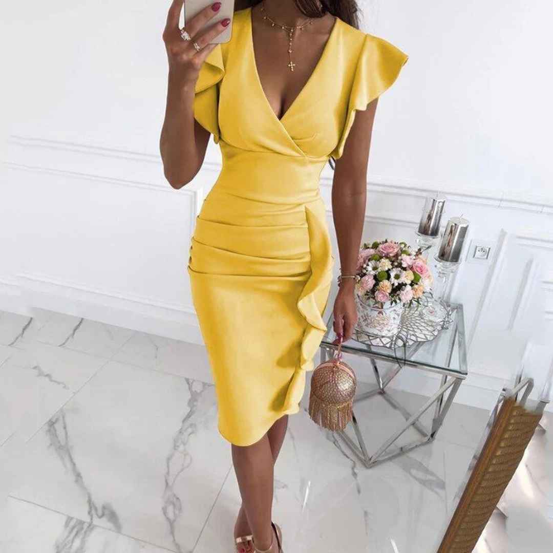 Vestido elegante com decote em V e mangas plissadas - Maud