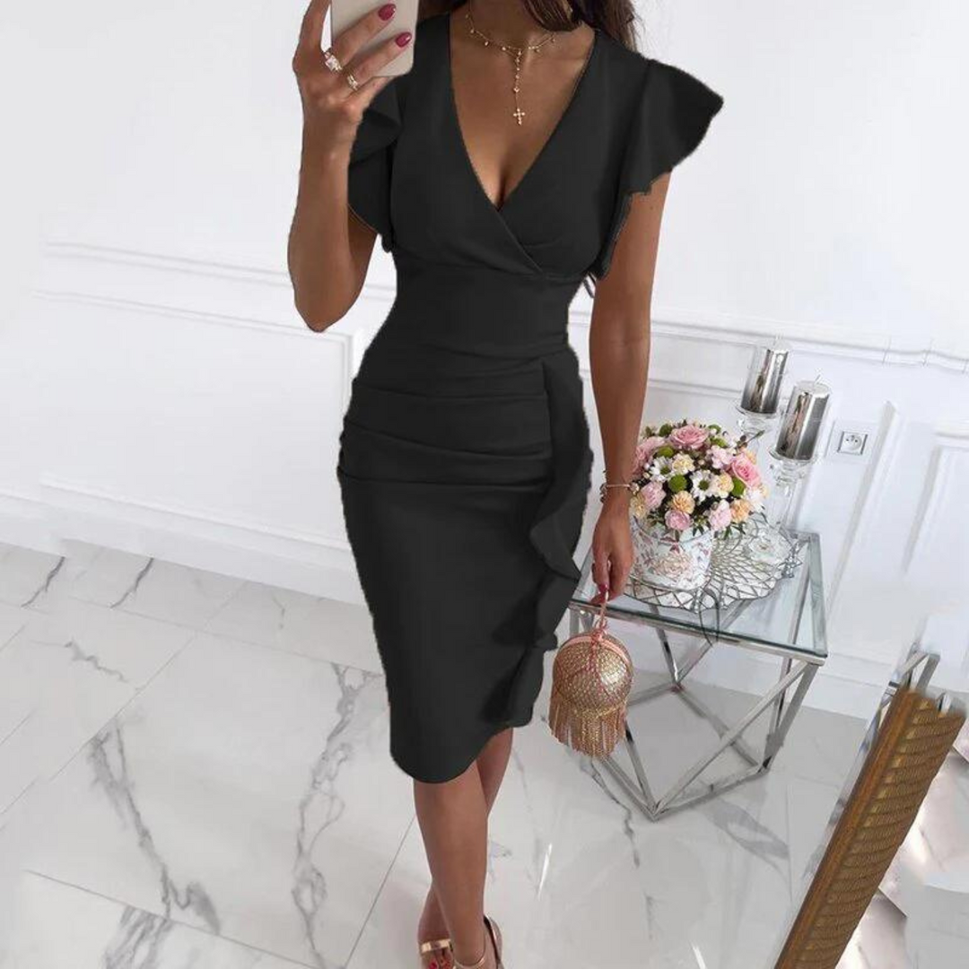 Vestido elegante com decote em V e mangas plissadas - Maud