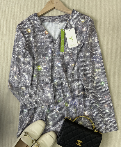 Camiseta de manga longa com decote em V de brilho disco prateado - GlamFrost