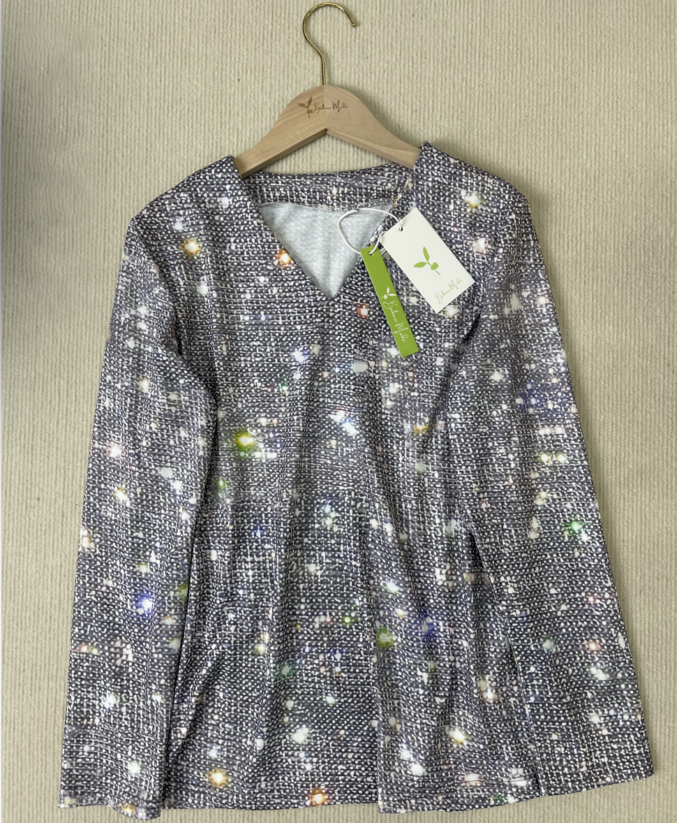 Camiseta de manga longa com decote em V de brilho disco prateado - GlamFrost