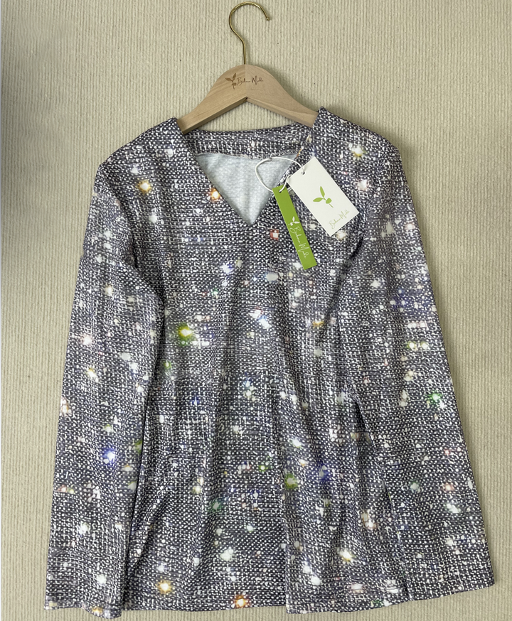 Camiseta de manga longa com decote em V de brilho disco prateado - GlamFrost
