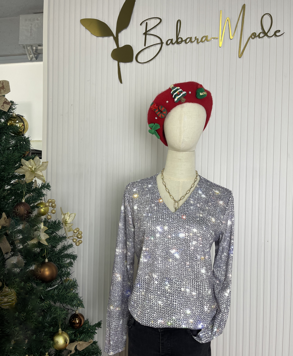 Camiseta de manga longa com decote em V de brilho disco prateado - GlamFrost