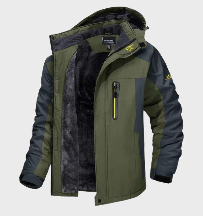 Olive green and gray hooded jacket shown unzipped, revealing the thick dark fleece lining and yellow-trimmed chest pocket 2
