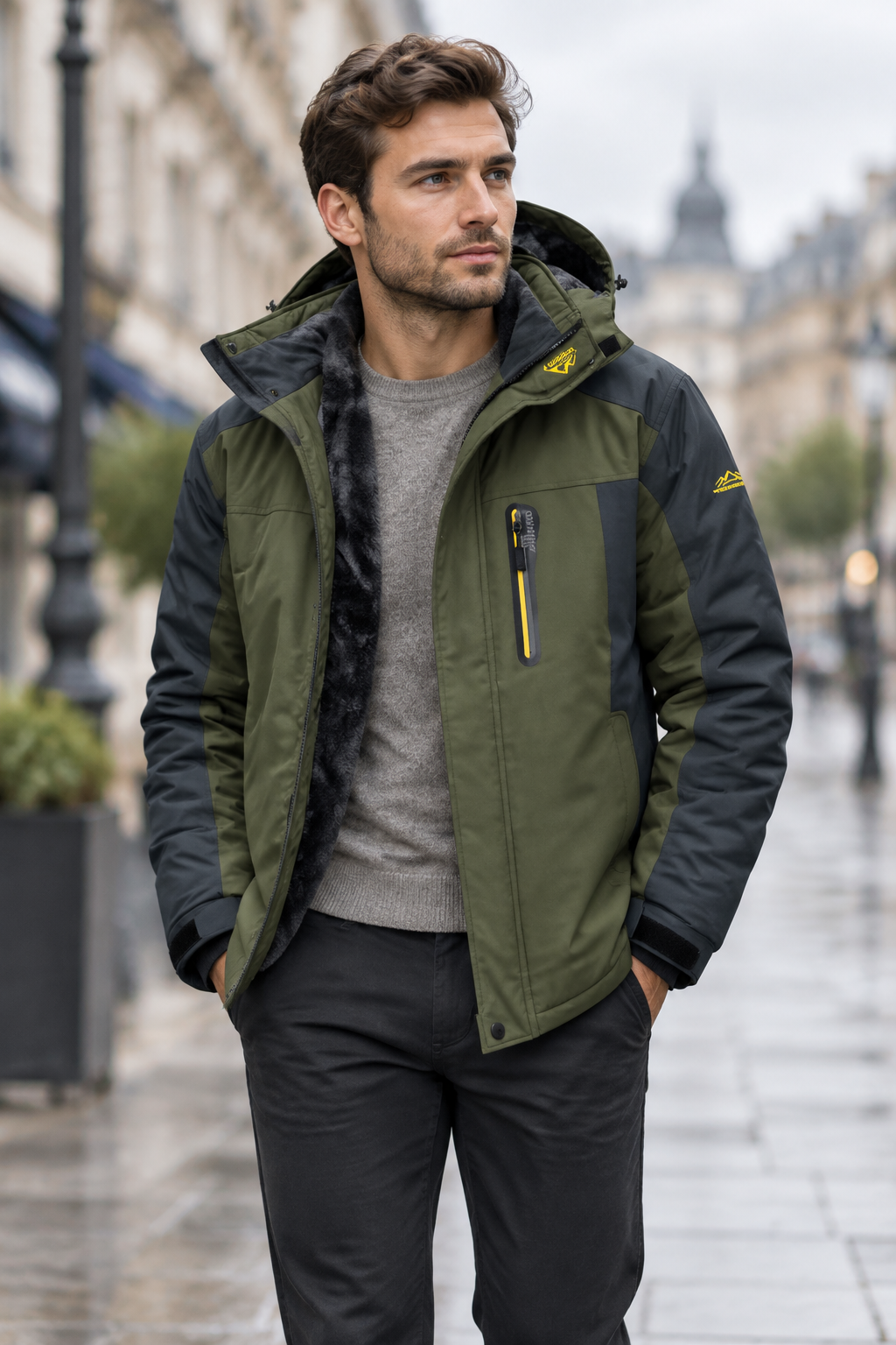 Man in an olive green and charcoal hooded jacket worn open over a gray sweater on a rainy city street 1