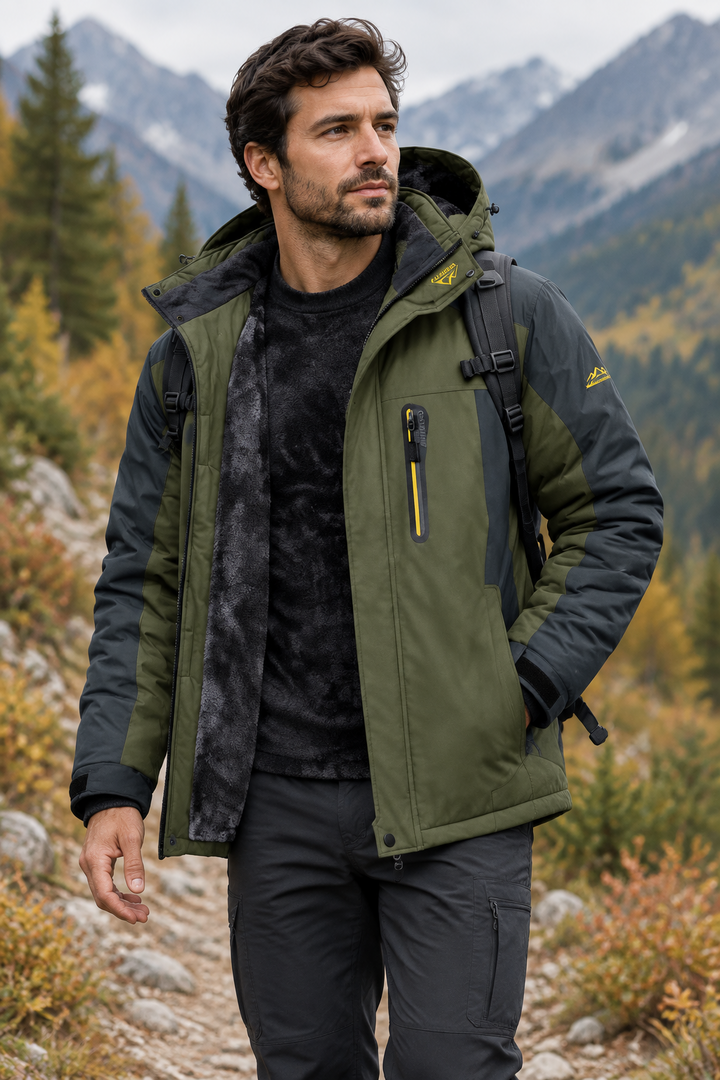 Man hiking on a mountain trail in an open olive and gray hooded jacket with backpack 1