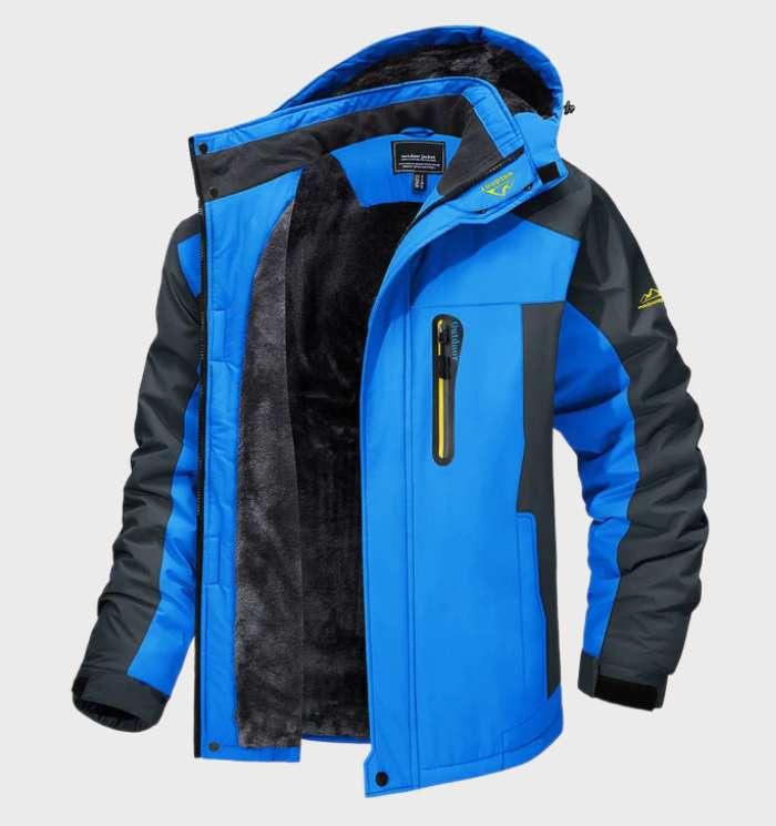Bright blue and charcoal hooded jacket, open to show the plush dark fleece lining 3