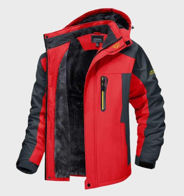 Red and charcoal hooded jacket shown open, displaying the dark fleece interior and yellow-accented chest pocket 4