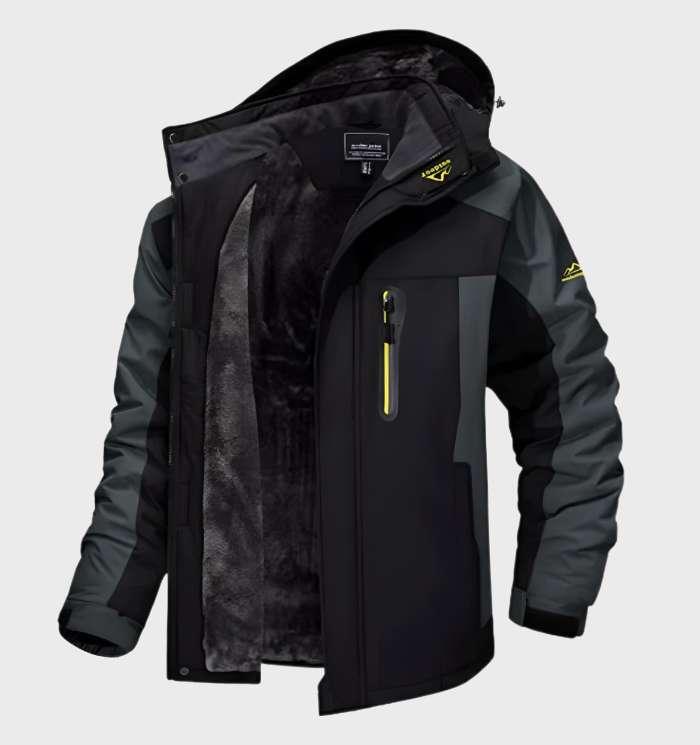 Black and dark gray hooded jacket shown open, with soft fleece lining visible and yellow chest pocket zipper 5
