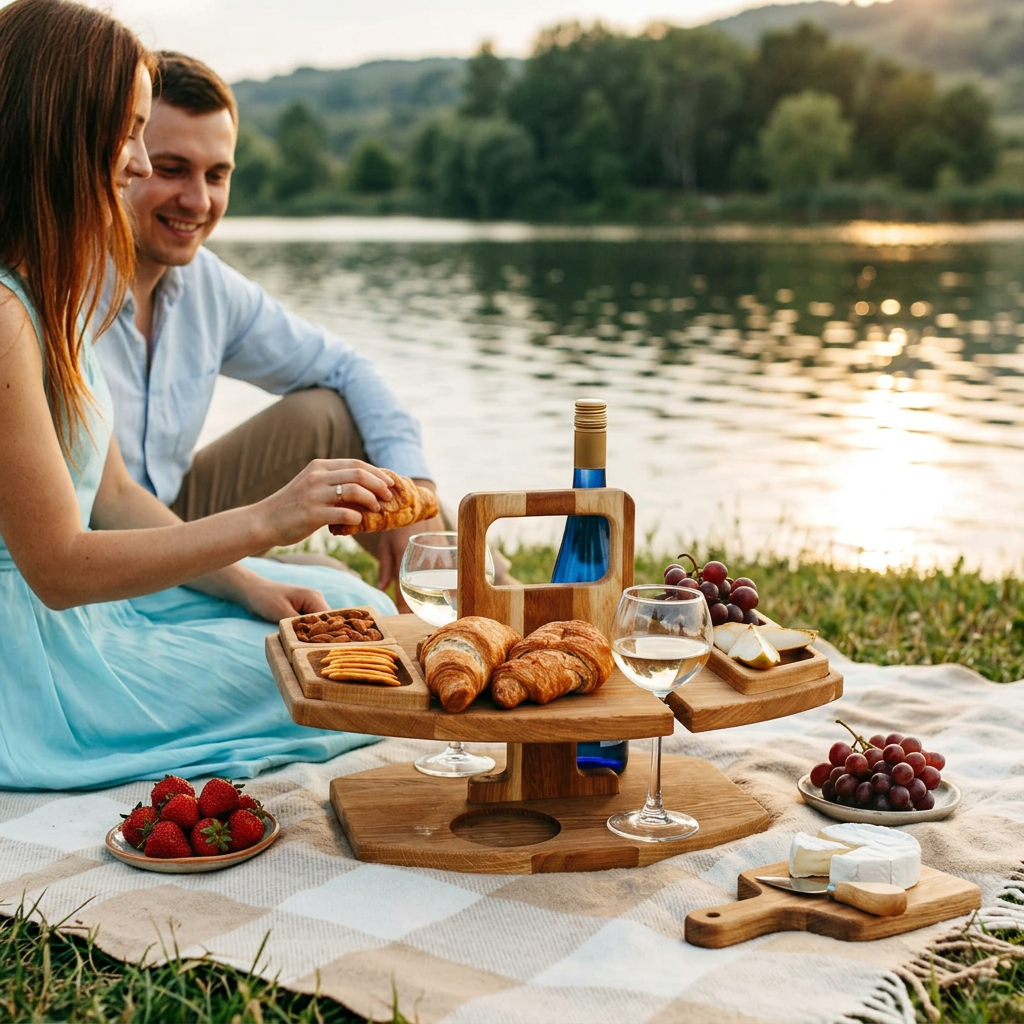 Couple sitting on a checkered blanket by a lake with the wooden table holding croissants, snacks and wine 1