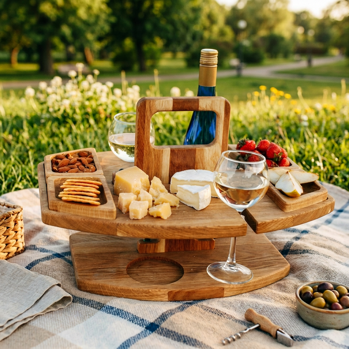 Wooden folding table on a picnic blanket in a sunny park, set with cheese, nuts, crackers and wine 1