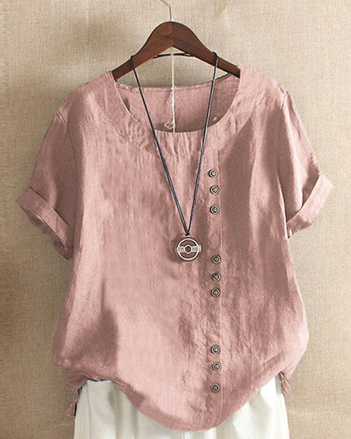 Camiseta clássica de cor sólida com mangas curtas e decote redondo - Emma