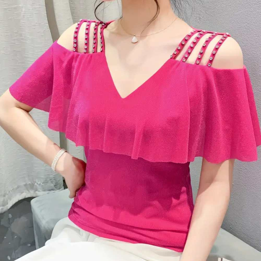 Fuchsia schulterfreies Top mit Perlen, V-Ausschnitt, Damenmode, elegantes Design.