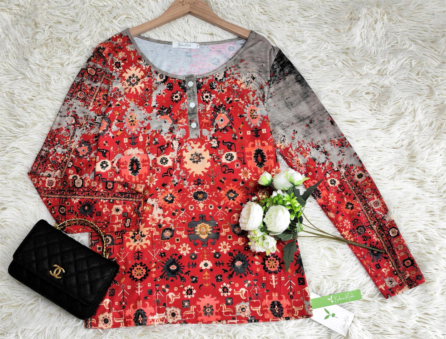 Camisa de manga longa com estampa vintage asteca - padrão de outono