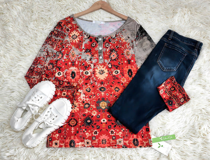 Camisa de manga longa com estampa vintage asteca - padrão de outono