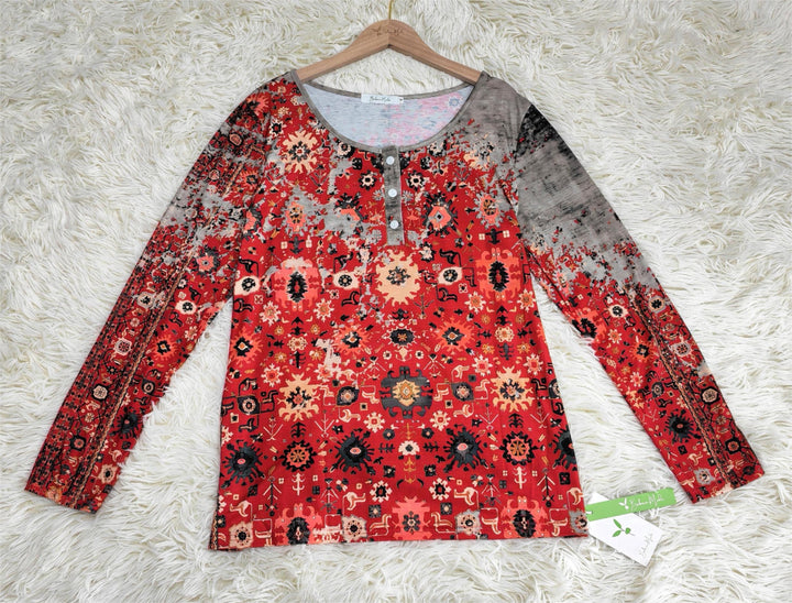 Camisa de manga longa com estampa vintage asteca - padrão de outono