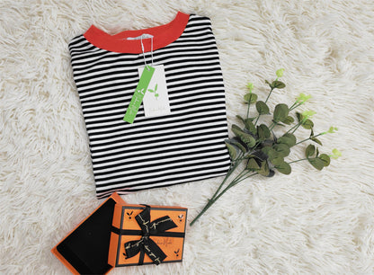 Camisa de manga longa listrada laranja-marinho-branca - OutonoListras