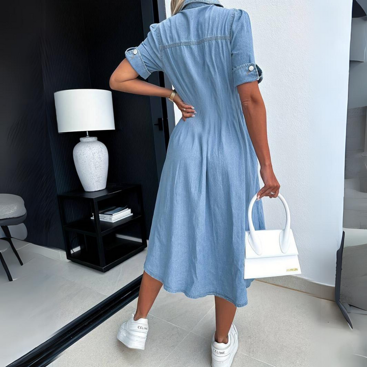 Vestido de denim elegante com mangas curtas - DenimCharm