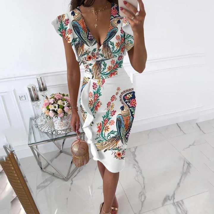 Vestido elegante com decote em V e mangas plissadas - Maud