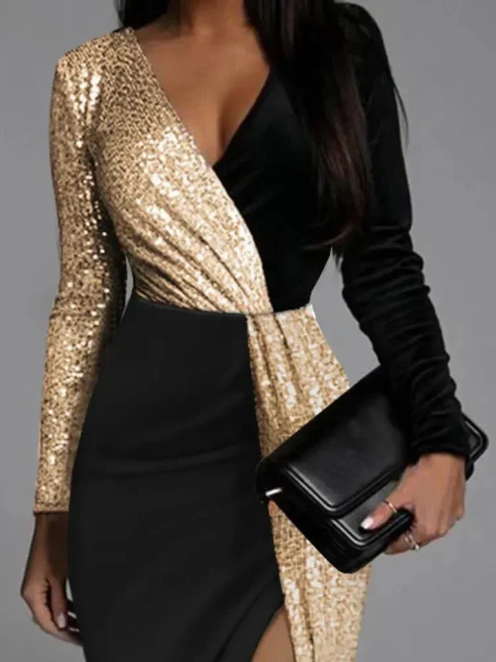 Vestido de brilho dourado cintilante | Glamour da noite