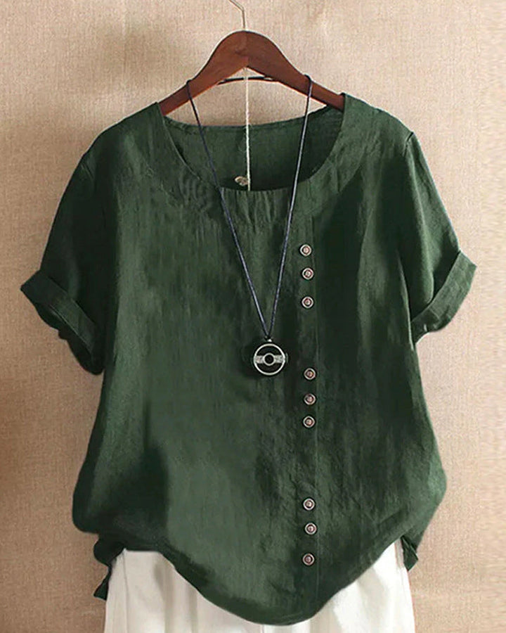 Camiseta clássica de cor sólida com mangas curtas e decote redondo - Emma