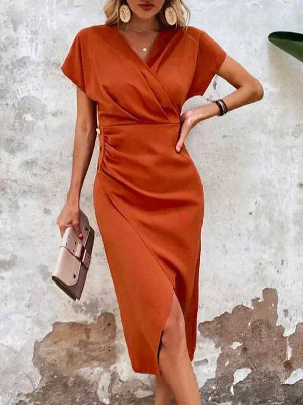 Vestido midi laranja elegante com decote em V - Ruby