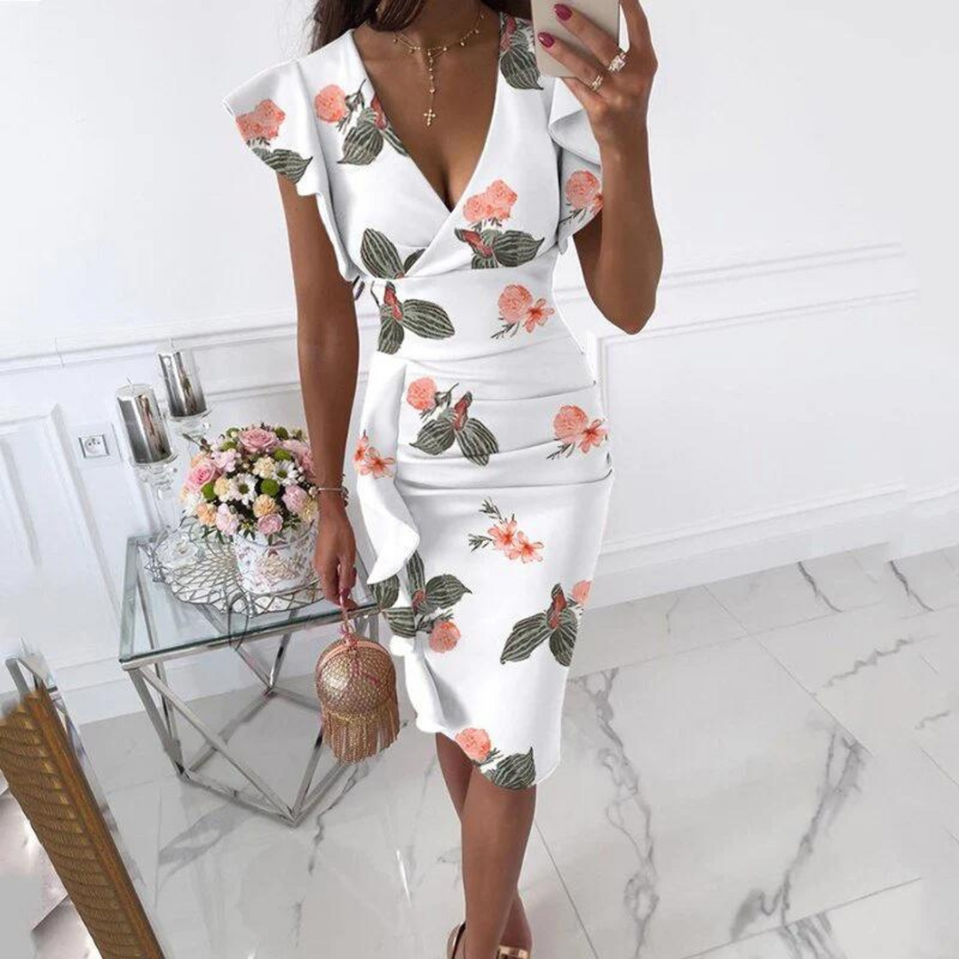Vestido elegante com decote em V e mangas plissadas - Maud
