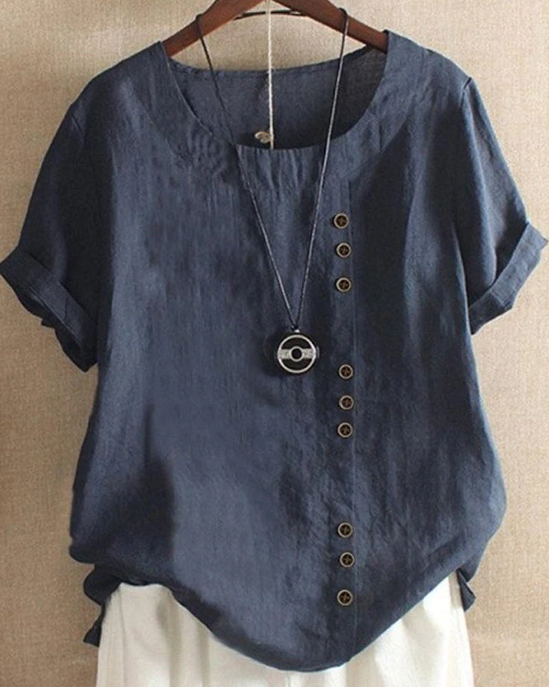 Blusa de manga curta casual com decote redondo – Nora