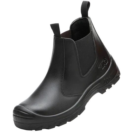 Single black pull-on boot seen from the side, showing the smooth leather, elastic gusset and rubber toe cap 3