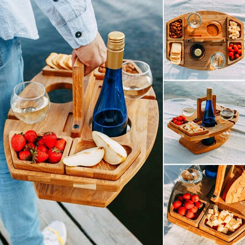 Collage of four views showing the wooden wine table carried by hand, from above, and set up on a blanket 7
