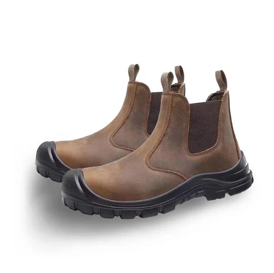 Pair of brown nubuck-style pull-on boots with black rubber toe caps and dark elastic side panels 4