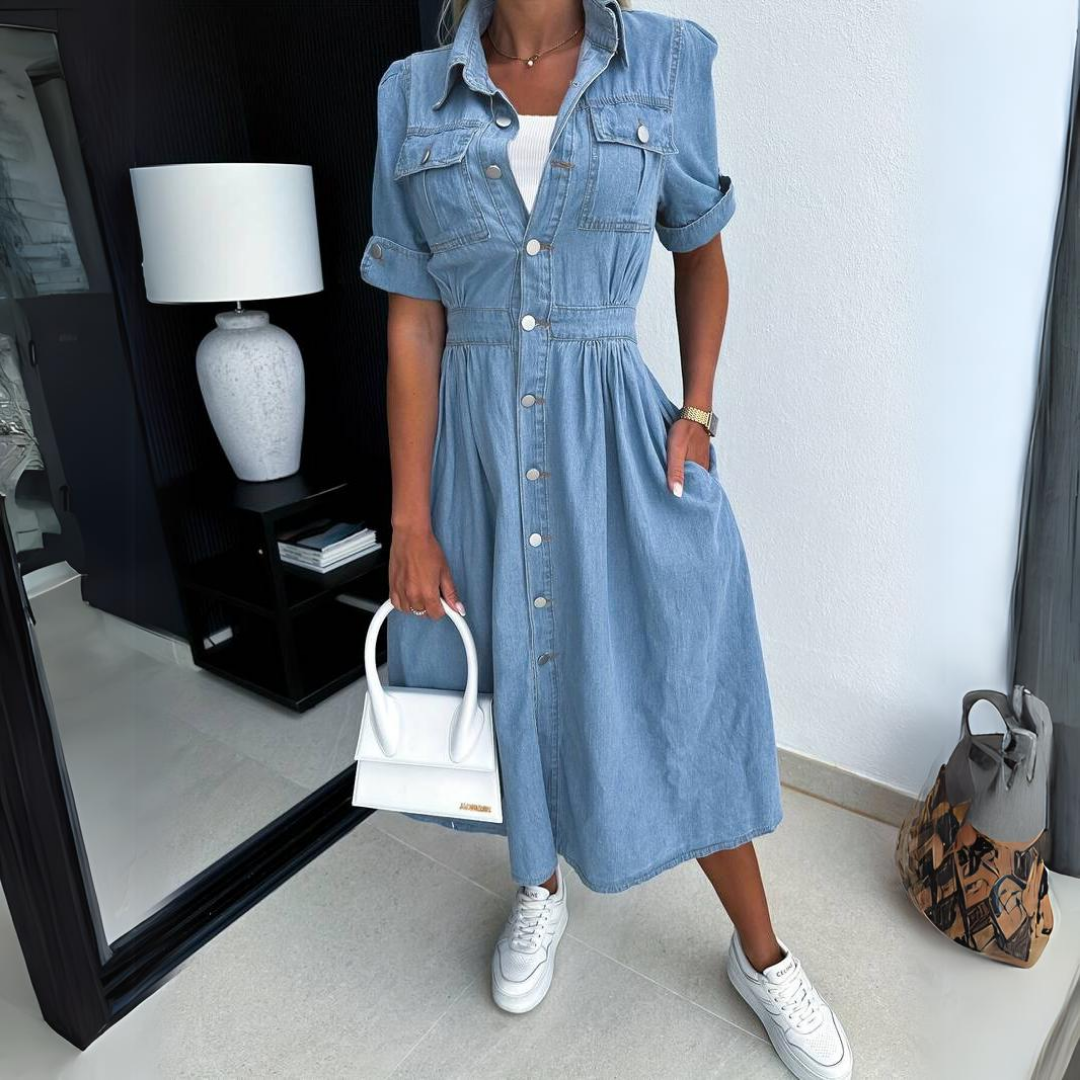 Vestido de denim elegante com mangas curtas - DenimCharm