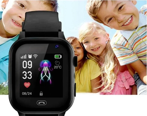 Black smartwatch face in front of smiling children, showing the time and a jellyfish wallpaper 4