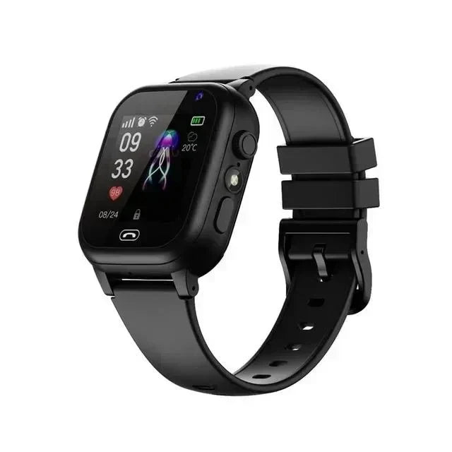 Black smartwatch with matching black silicone strap, angled view showing the jellyfish watch face on a white background 2