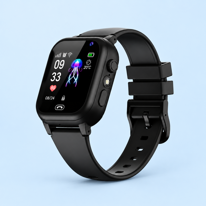 Black smartwatch with black strap, angled studio shot against a pale blue background 7