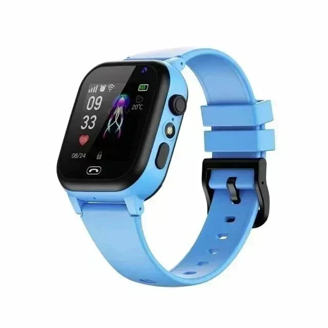 Kids smartwatch with light blue silicone strap and black screen frame, angled side view 2
