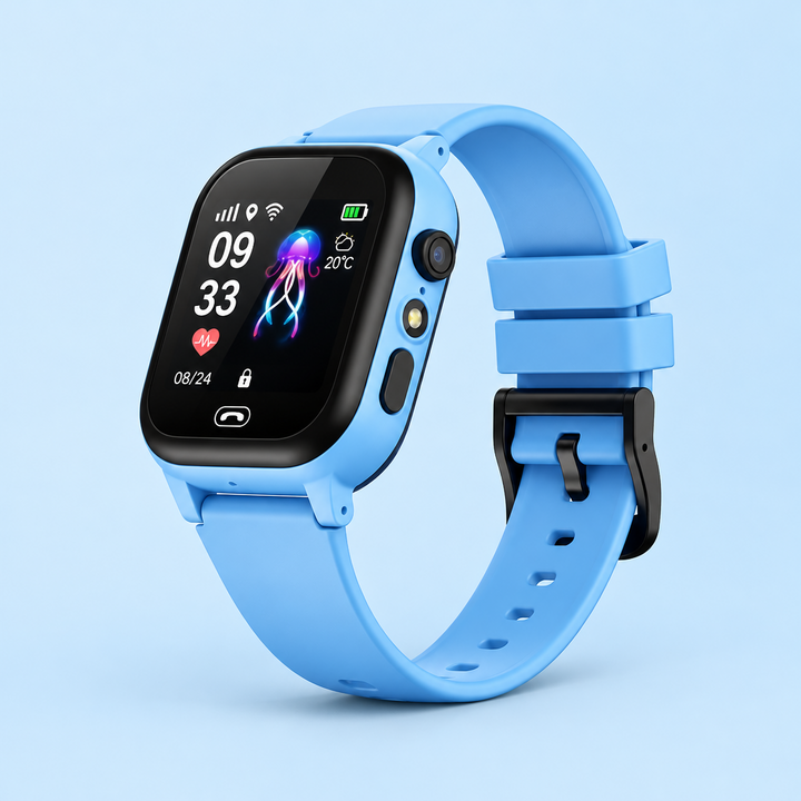 Blue smartwatch with black bezel and buckle, angled studio shot showing the side camera and flashlight 9