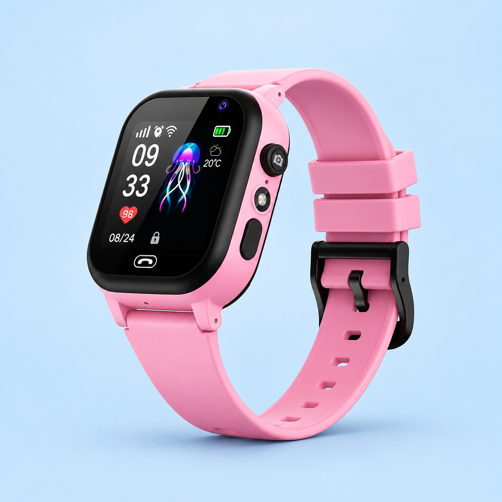 Pink smartwatch with black bezel and buckle, angled studio shot against a pale blue background 8
