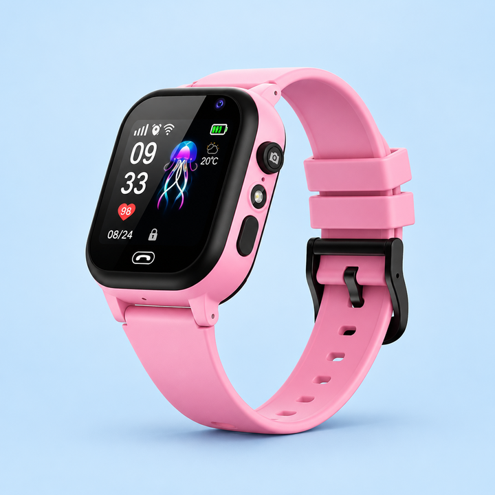 Pink smartwatch with black bezel and buckle, angled studio shot against a pale blue background 8