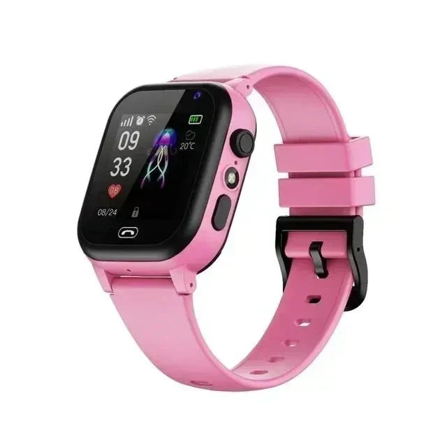 Pink smartwatch with black screen bezel and pink silicone strap, angled view on a white background 4
