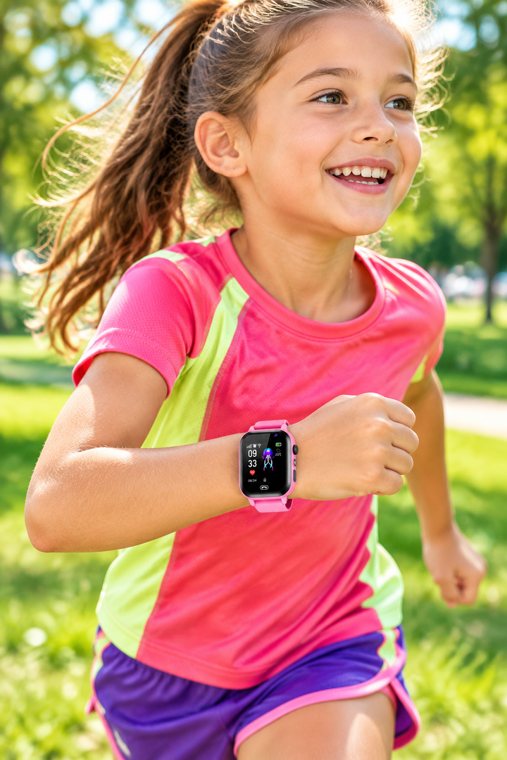 Smiling girl in a pink athletic shirt runs through a sunny park wearing a pink smartwatch 1