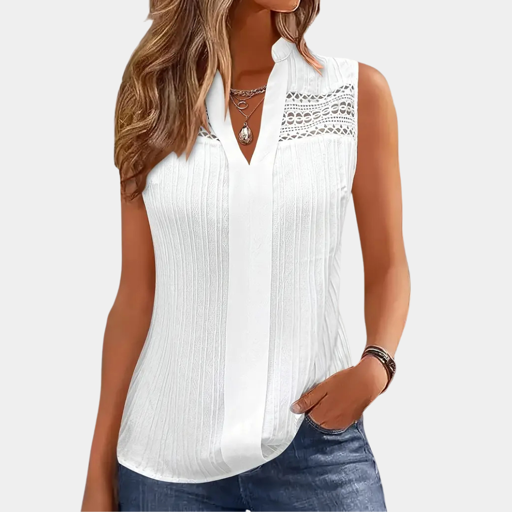 Damen ärmellose weiße Bluse mit Spitze, V-Ausschnitt, lässig, Sommermode, elegant.