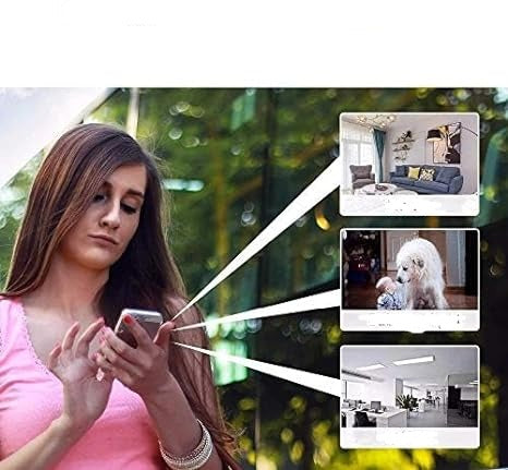 Woman checking her phone, with three live camera views of a living room, a dog with a baby, and an office 8